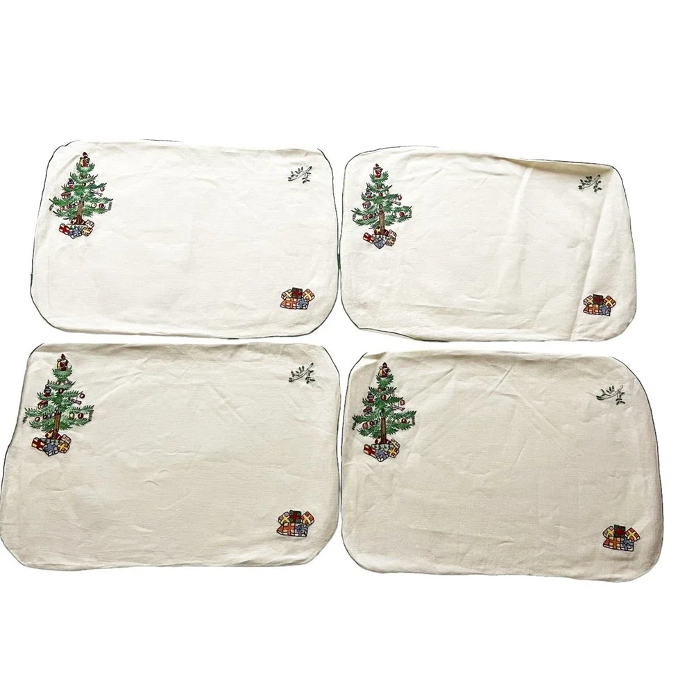Vtg JABARA 8 pc Linen Placemat Napkin Set Embroidered Christmas Tree Presents